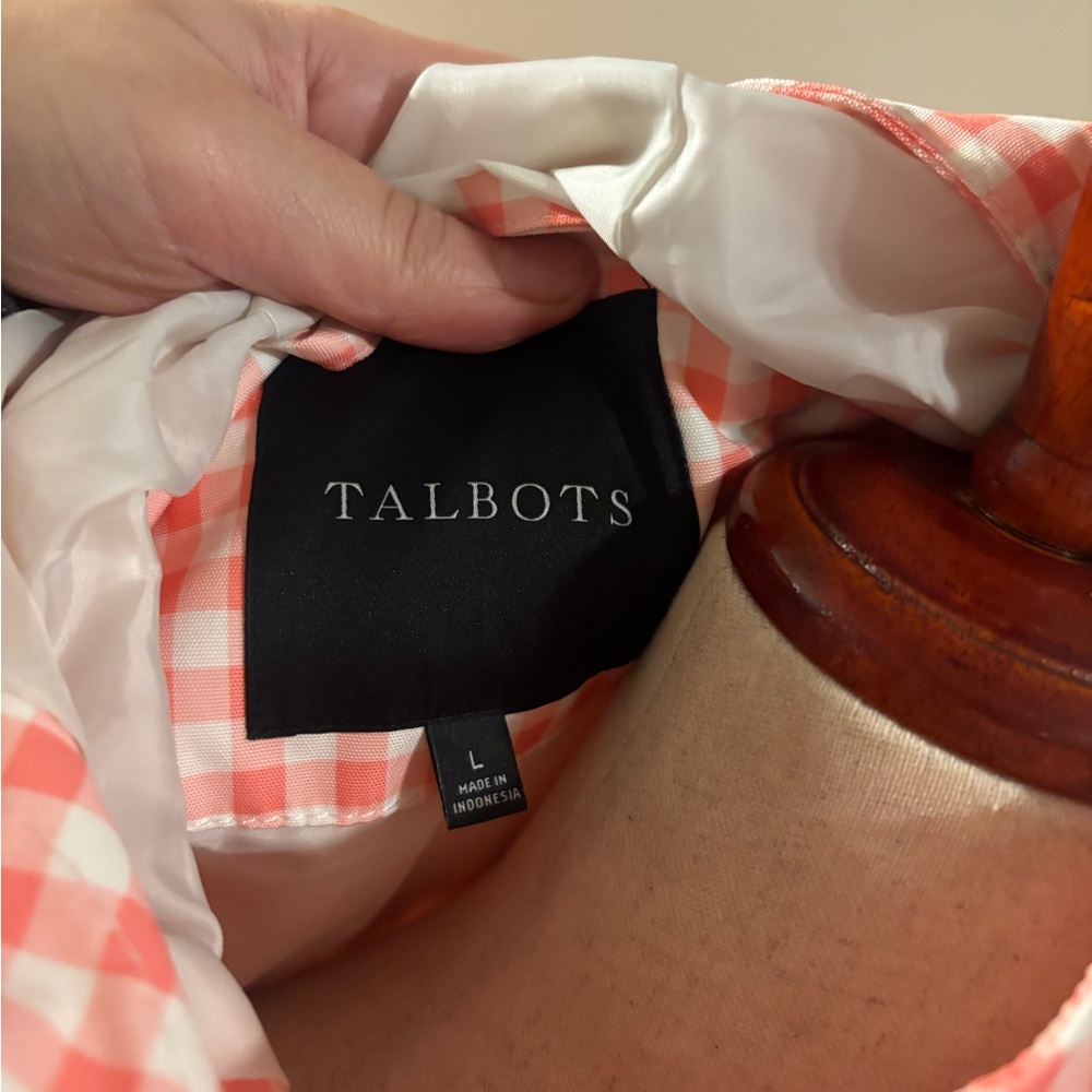 Talbots Pink Gingham Hooded Rain Jacket Women's Size L Lightweight Snap Front - Picture 5 of 6